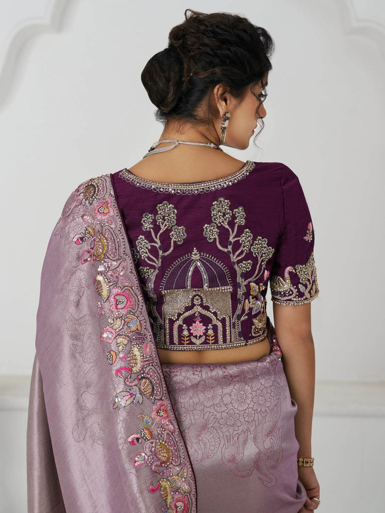 Dazzling Mauve Border Work Viscose Silk Reception Wear Saree