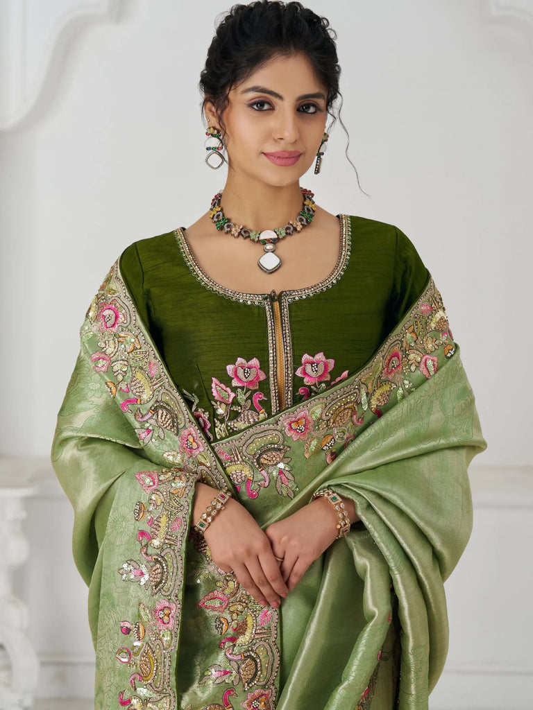 Magnetic Mehendi Green Border Work Viscose Silk Saree With Blouse