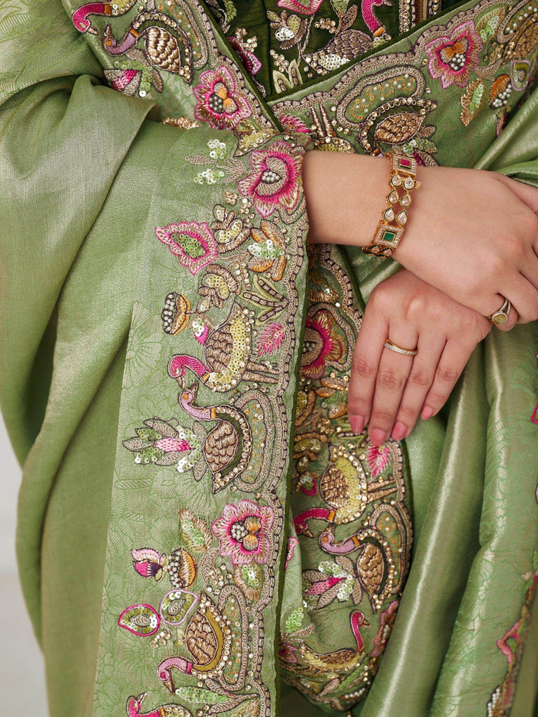 Magnetic Mehendi Green Border Work Viscose Silk Saree With Blouse