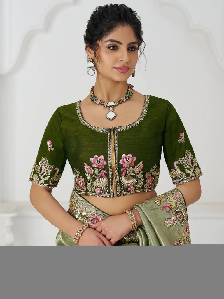 Magnetic Mehendi Green Border Work Viscose Silk Saree With Blouse