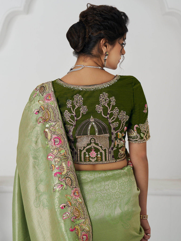 Magnetic Mehendi Green Border Work Viscose Silk Saree With Blouse