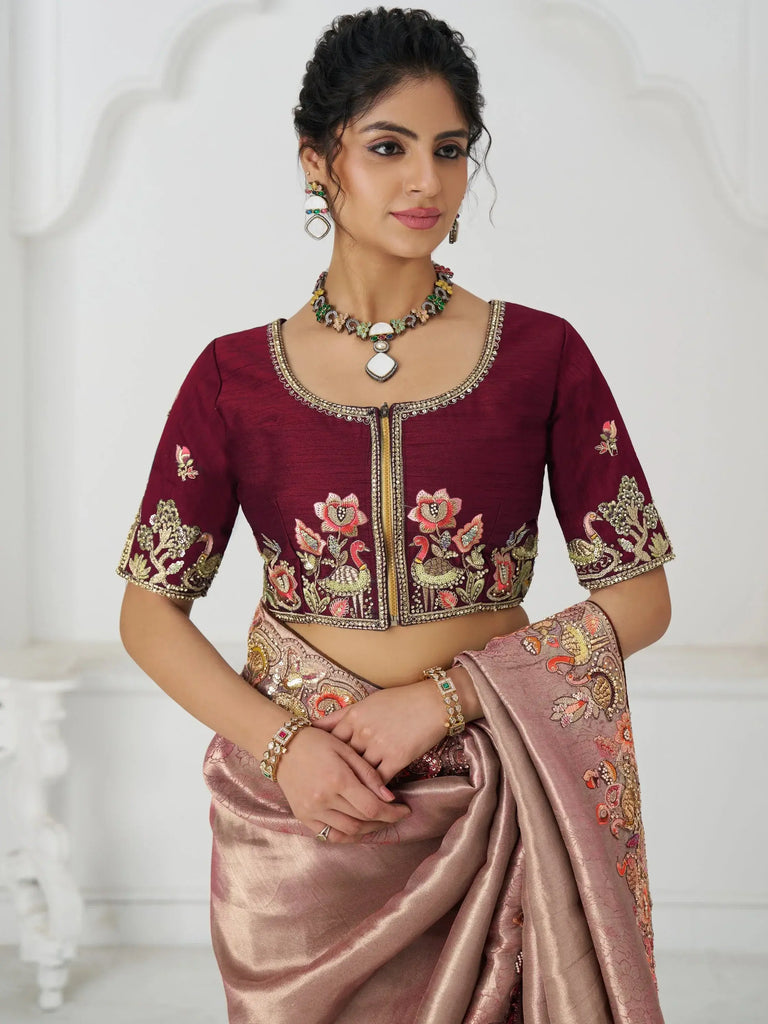 Precious Pink Sequins Viscose Silk Engagement Wear Saree