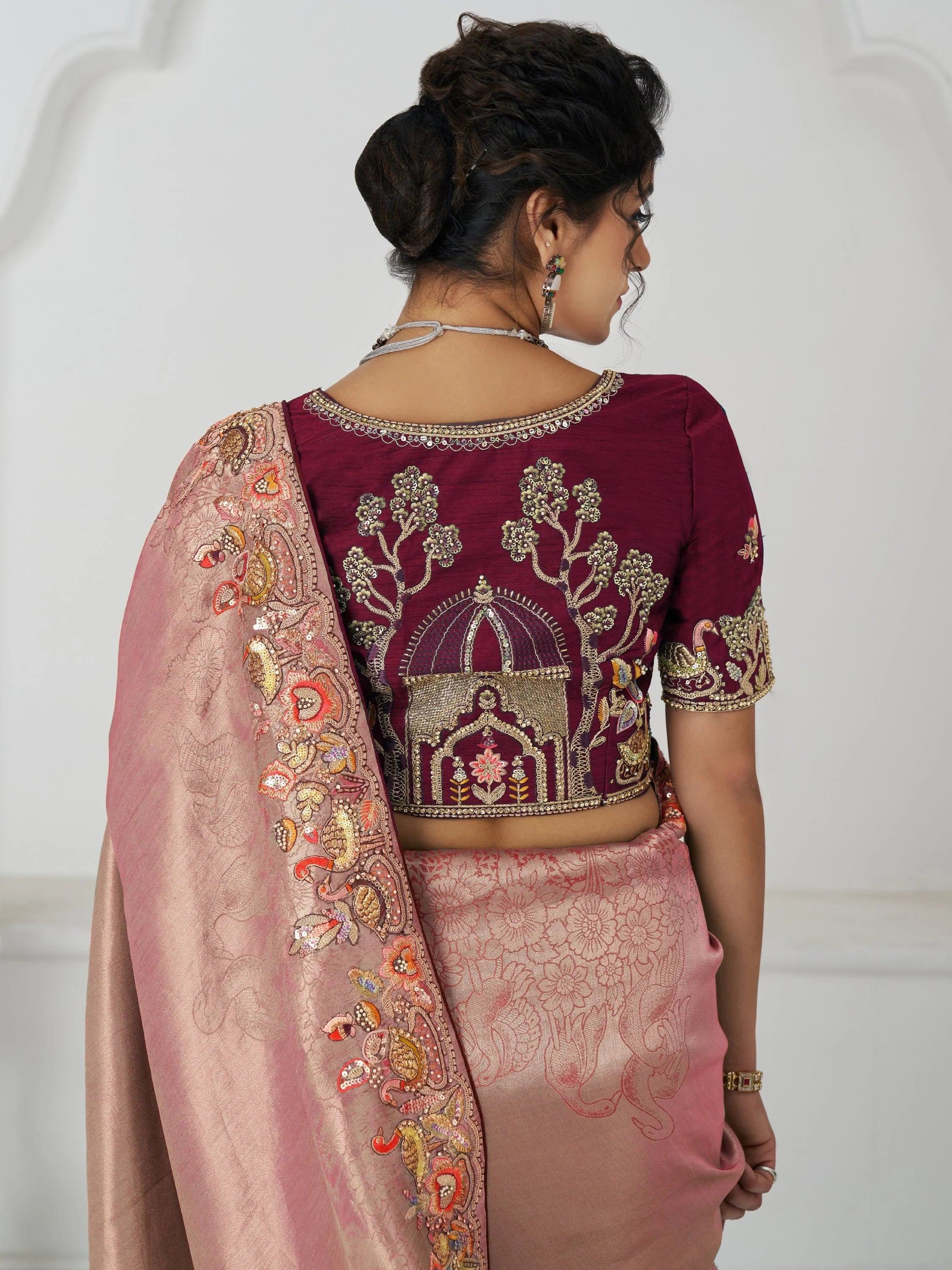 Precious Pink Sequins Viscose Silk Engagement Wear Saree