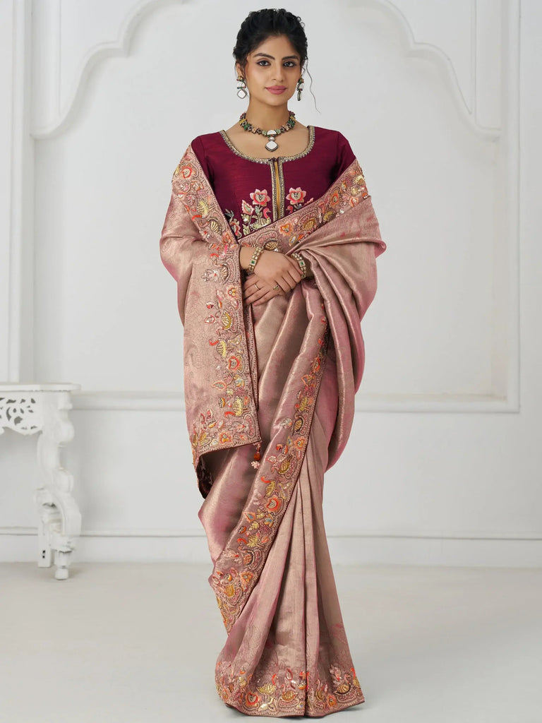 Precious Pink Sequins Viscose Silk Engagement Wear Saree