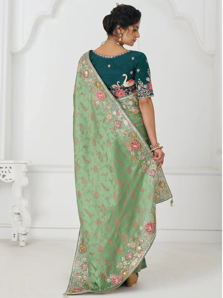 Spectacular Pista Green Heavy Border Work Viscose Silk Traditional Saree
