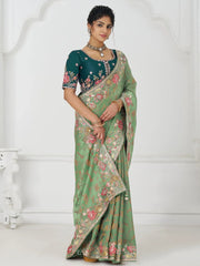 Spectacular Pista Green Heavy Border Work Viscose Silk Traditional Saree