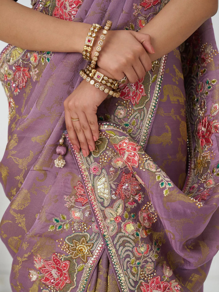 Fascinating Mauve Multi-Thread Work Viscose Silk Bridesmaid Saree