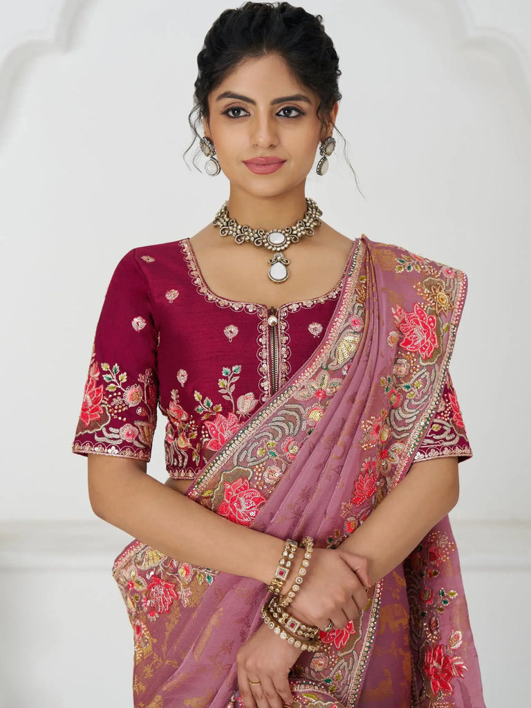 Fantastic Pink Heavy Border Work Viscose Silk Saree With Blouse