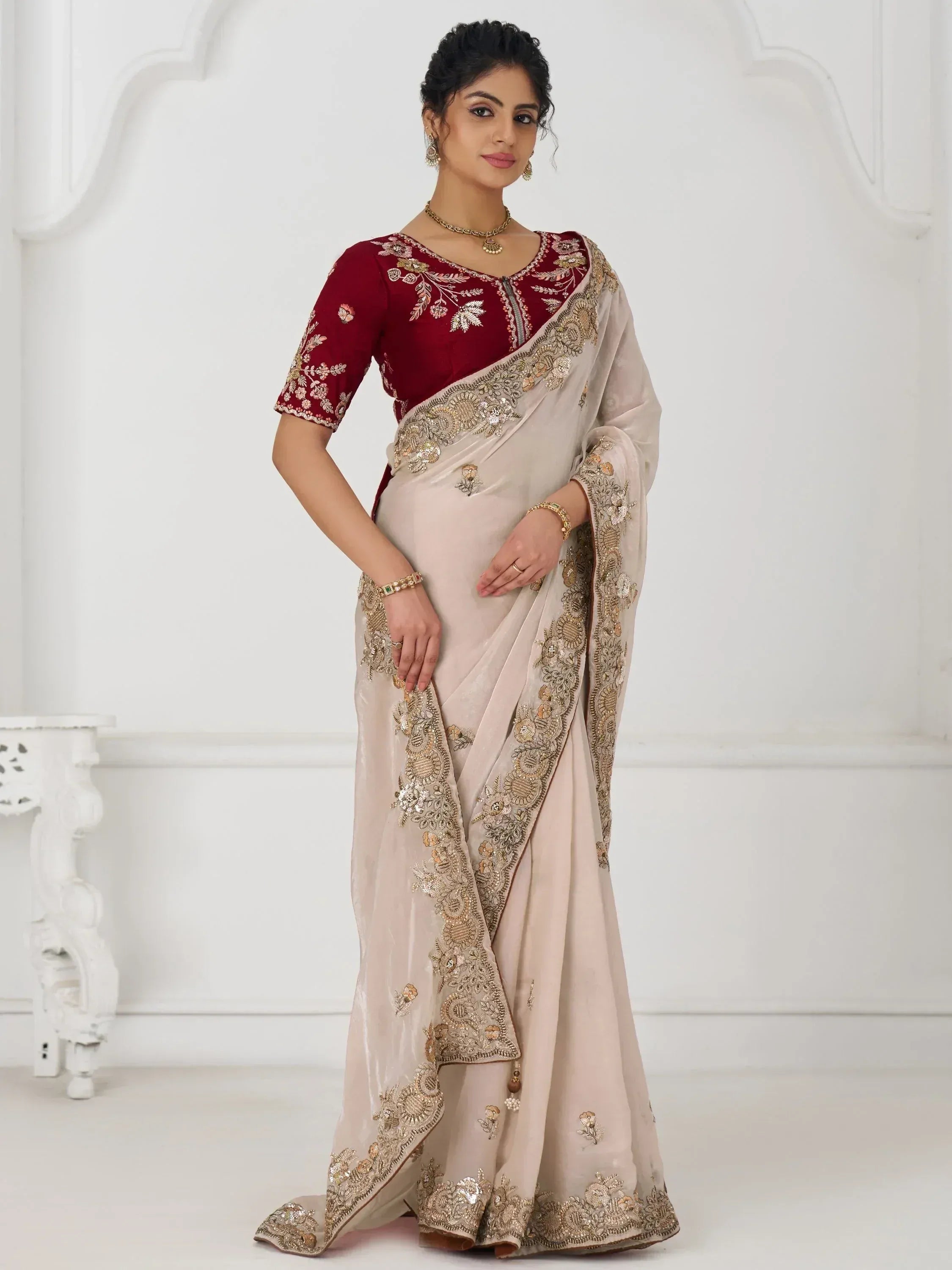 Beige saree with gold embroidery and maroon blouse, Indian ethnic wear for women