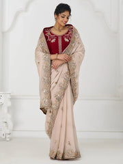 Astonishing Beige Sequins Silk Party Wear Saree With Blouse