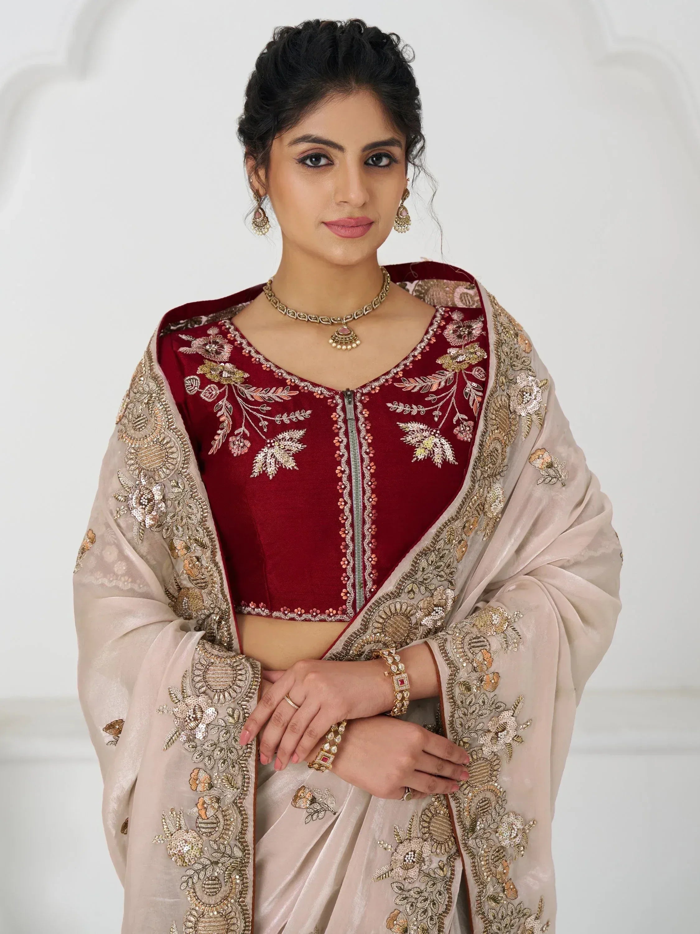 Maroon embroidered blouse with beige floral dupatta, Indian ethnic wear for women