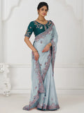 Incredible Grey Sequins Work Silk Traditional Saree With Blouse
