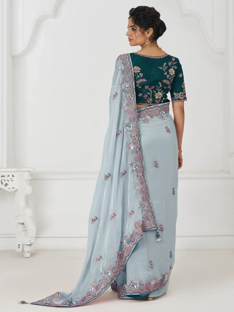 Incredible Grey Sequins Work Silk Traditional Saree With Blouse