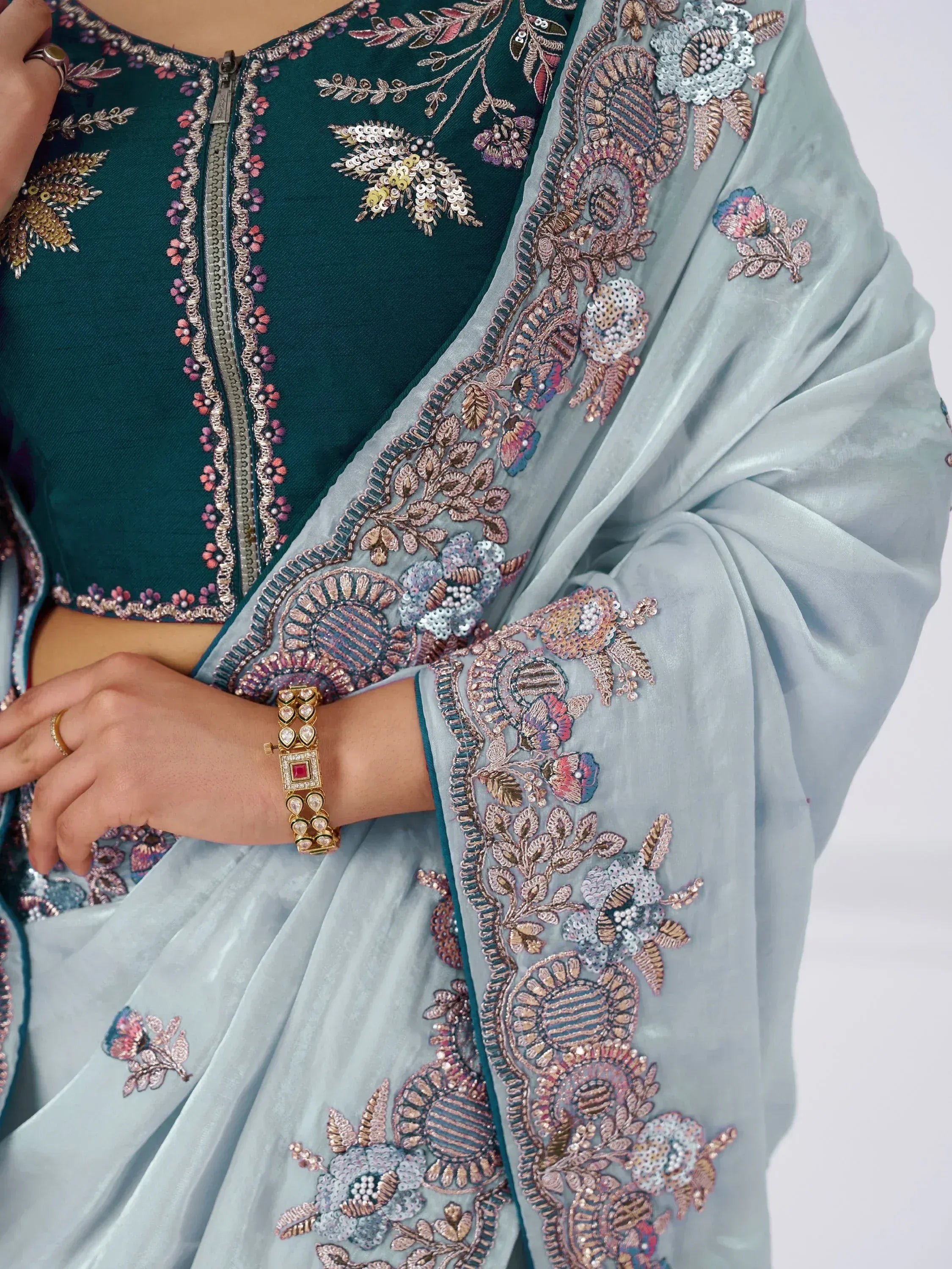 Teal embroidered blouse with light blue dupatta, floral sequin work, Indian ethnic wear