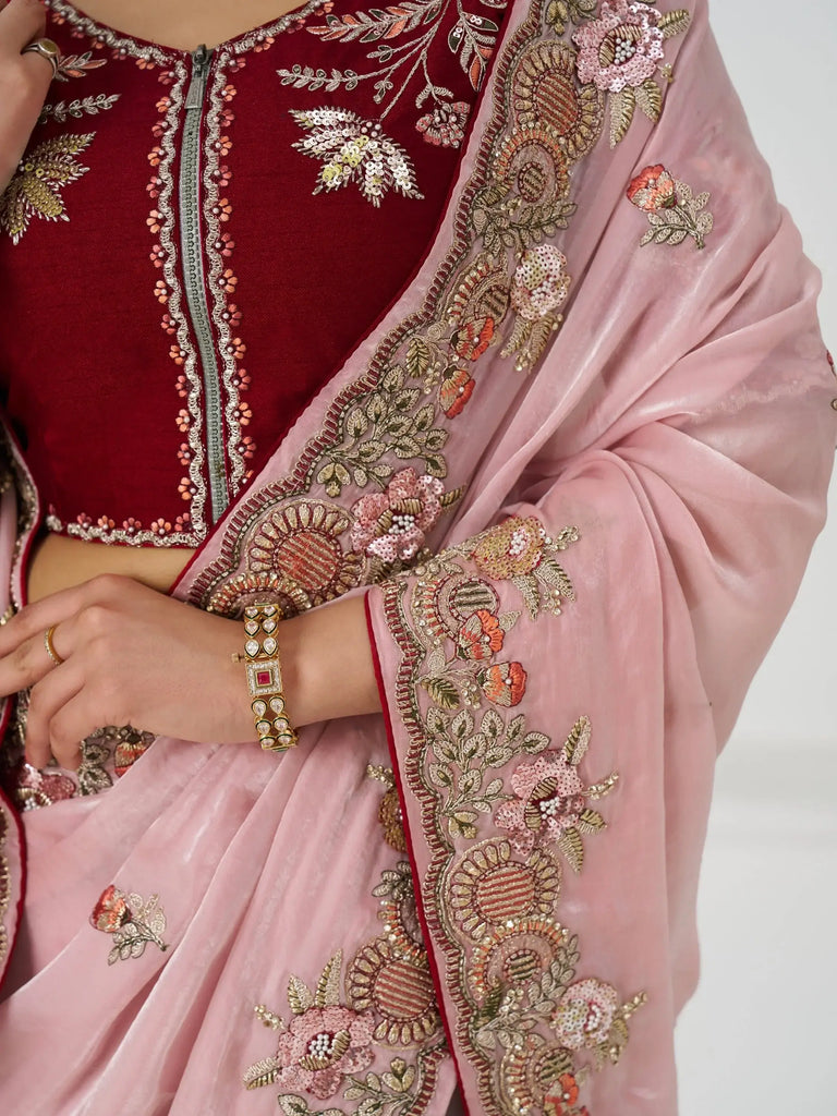 Pretty Dusty Pink Sequins Silk Wedding Wear Saree With Blouse