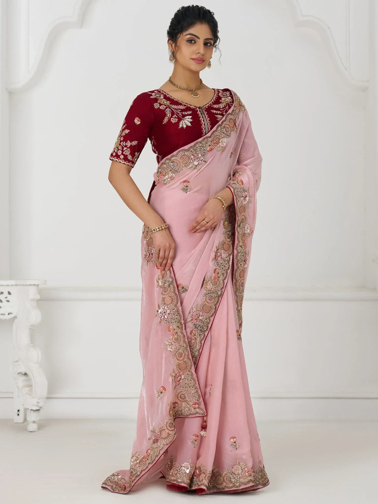 Pretty Dusty Pink Sequins Silk Wedding Wear Saree With Blouse