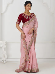 Pretty Dusty Pink Sequins Silk Wedding Wear Saree With Blouse
