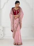 Pretty Dusty Pink Sequins Silk Wedding Wear Saree With Blouse