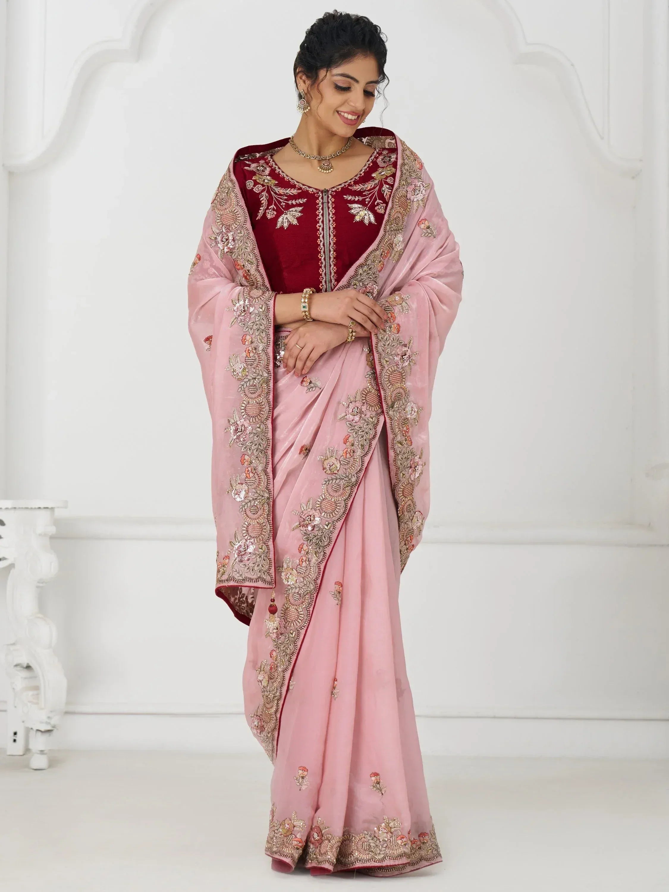 Pretty Dusty Pink Sequins Silk Wedding Wear Saree With Blouse