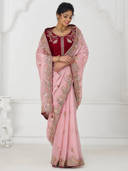 Pretty Dusty Pink Sequins Silk Wedding Wear Saree With Blouse