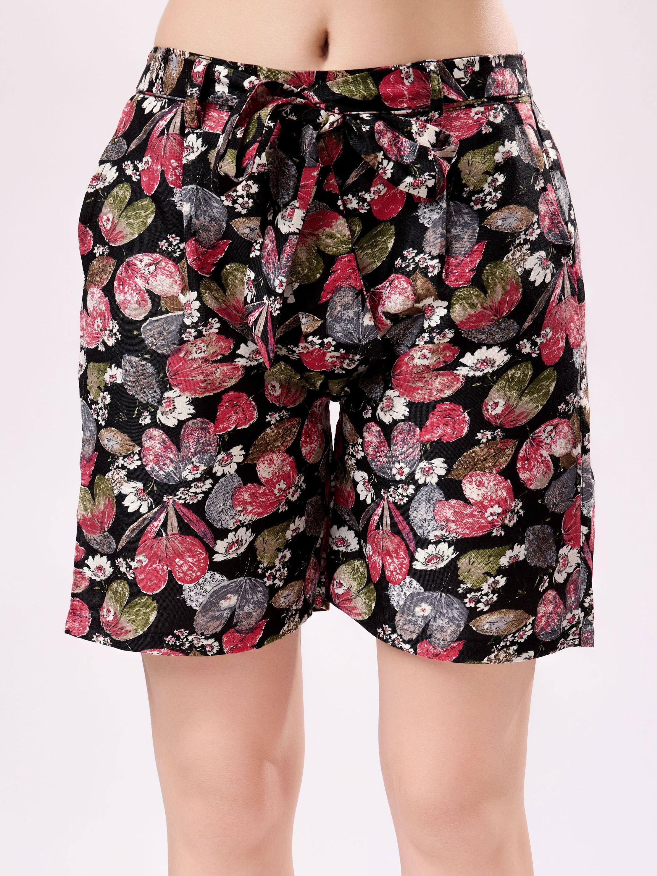 Floral print ethnic shorts with tie waist, perfect for casual wear or paired with a kurta.