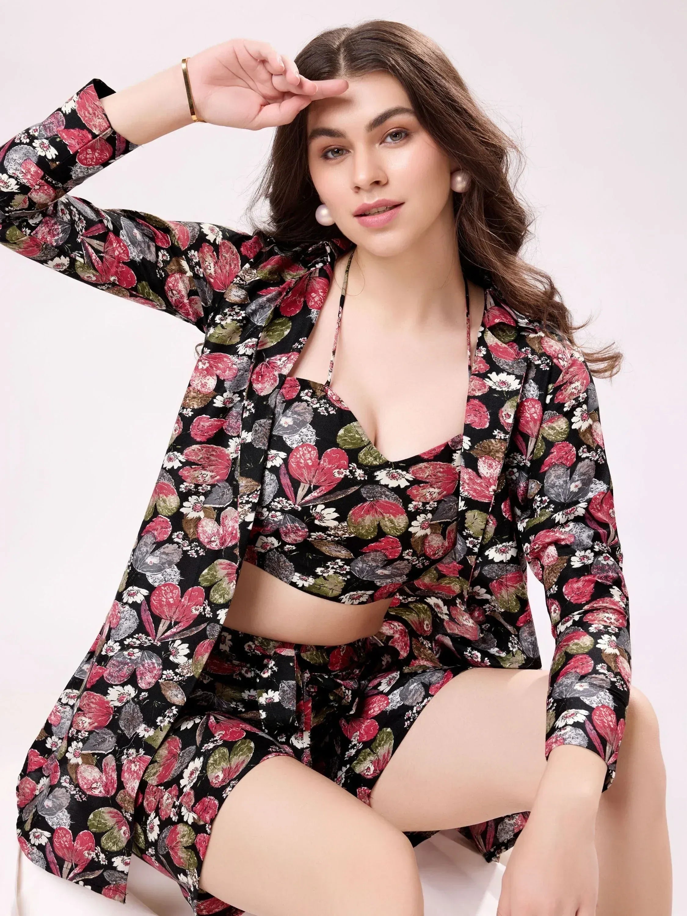 Floral print ethnic co-ord set with crop top and shorts, perfect for casual Indian wear