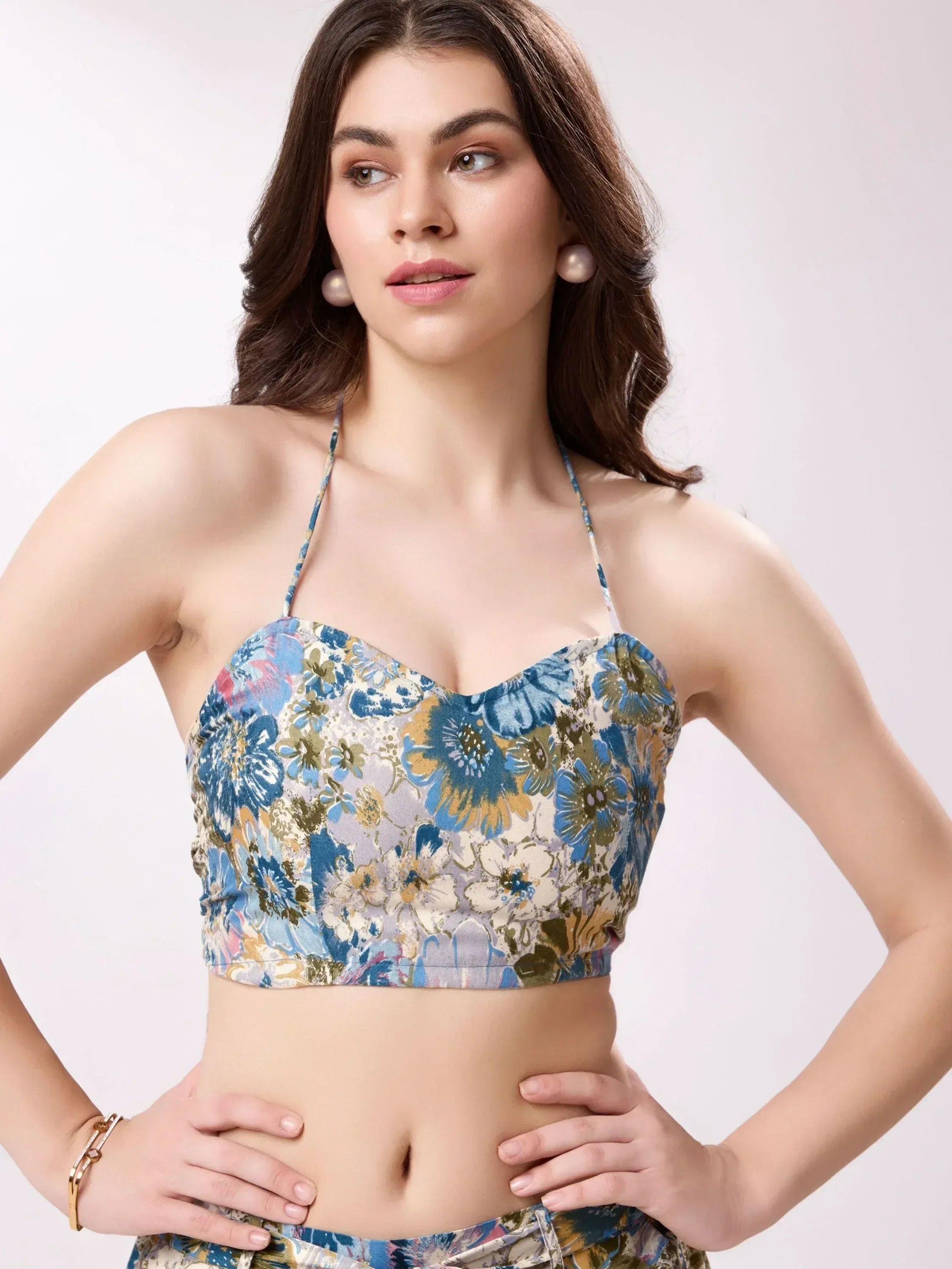 Floral print halter neck crop top for ethnic wear, stylish designer blouse