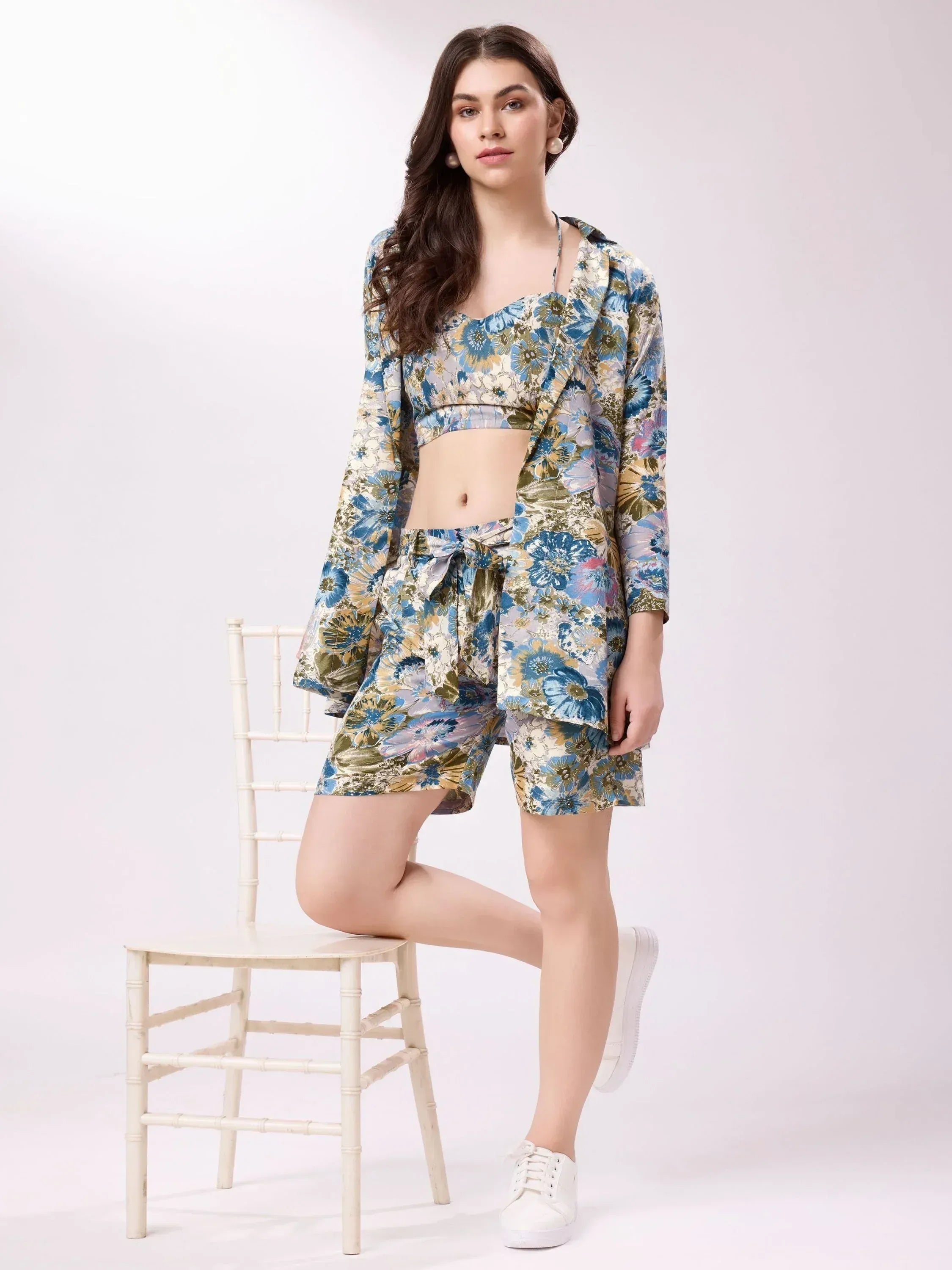 Floral print ethnic crop top with matching shorts and jacket, stylish Indian wear for women