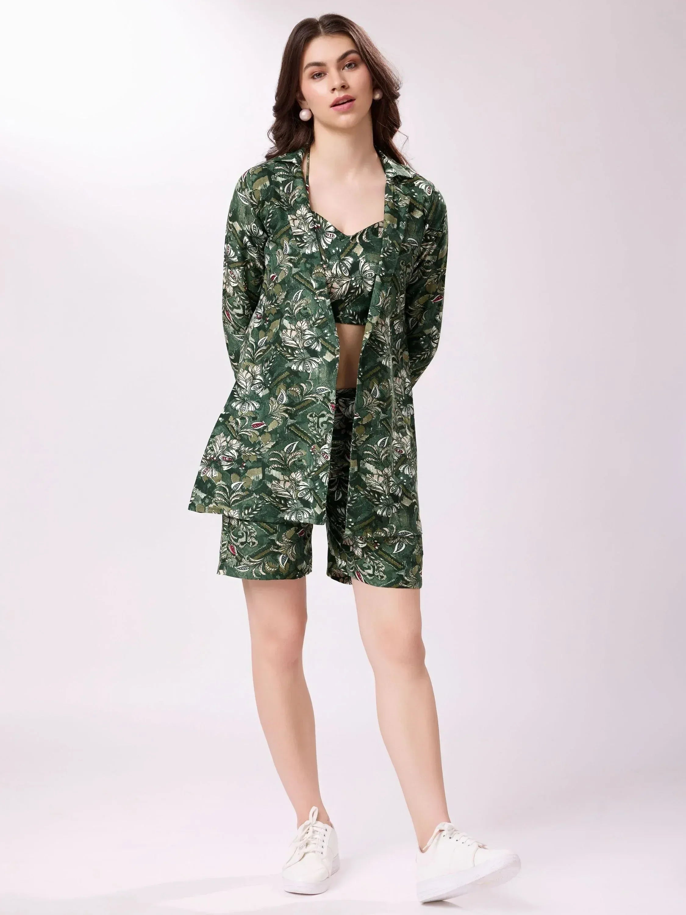 Green floral print ethnic co-ord set with long jacket, shorts & crop top, styled with white sneakers