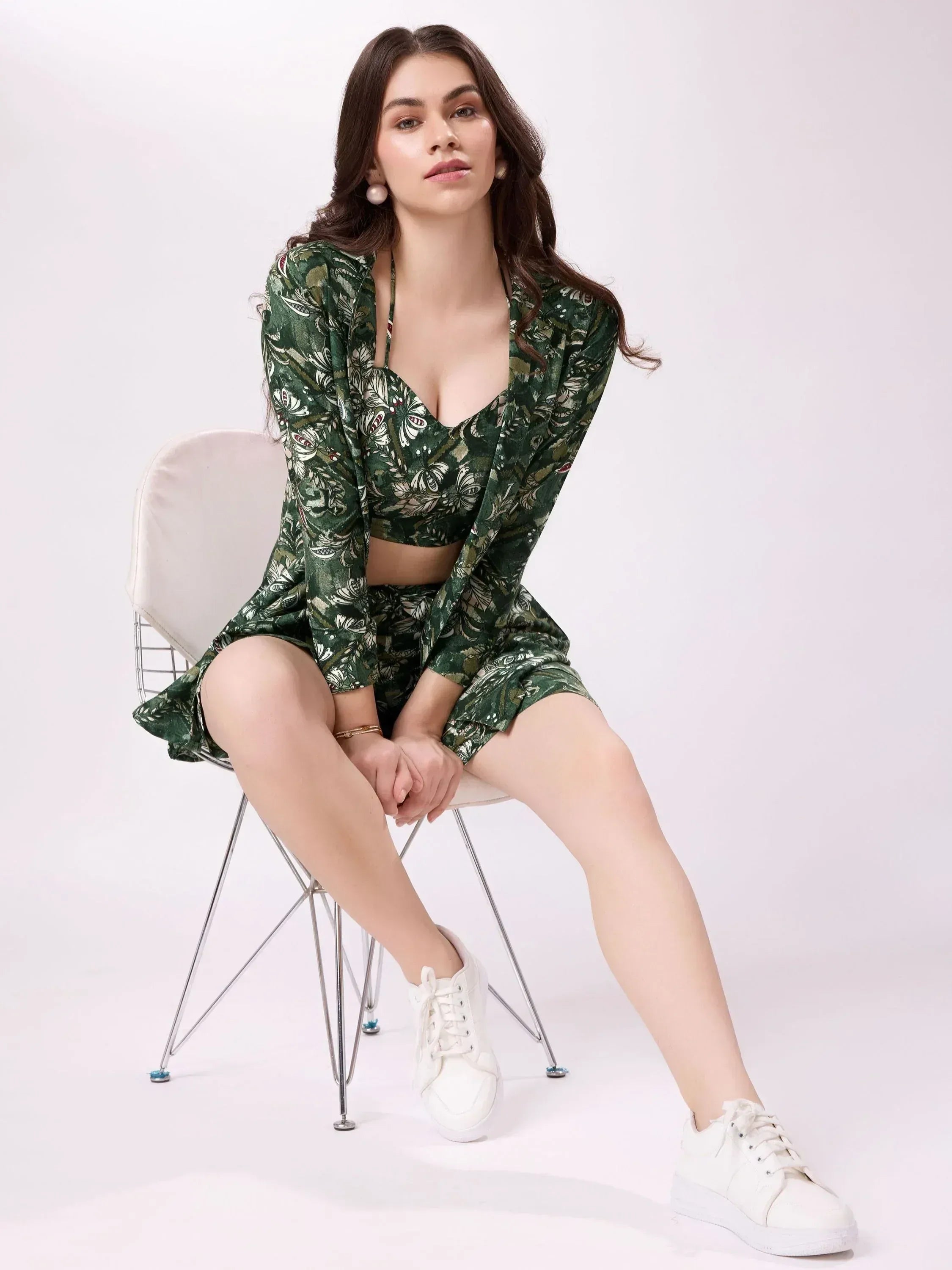 Green floral print ethnic co-ord set with crop top, shorts & jacket, paired with white sneakers