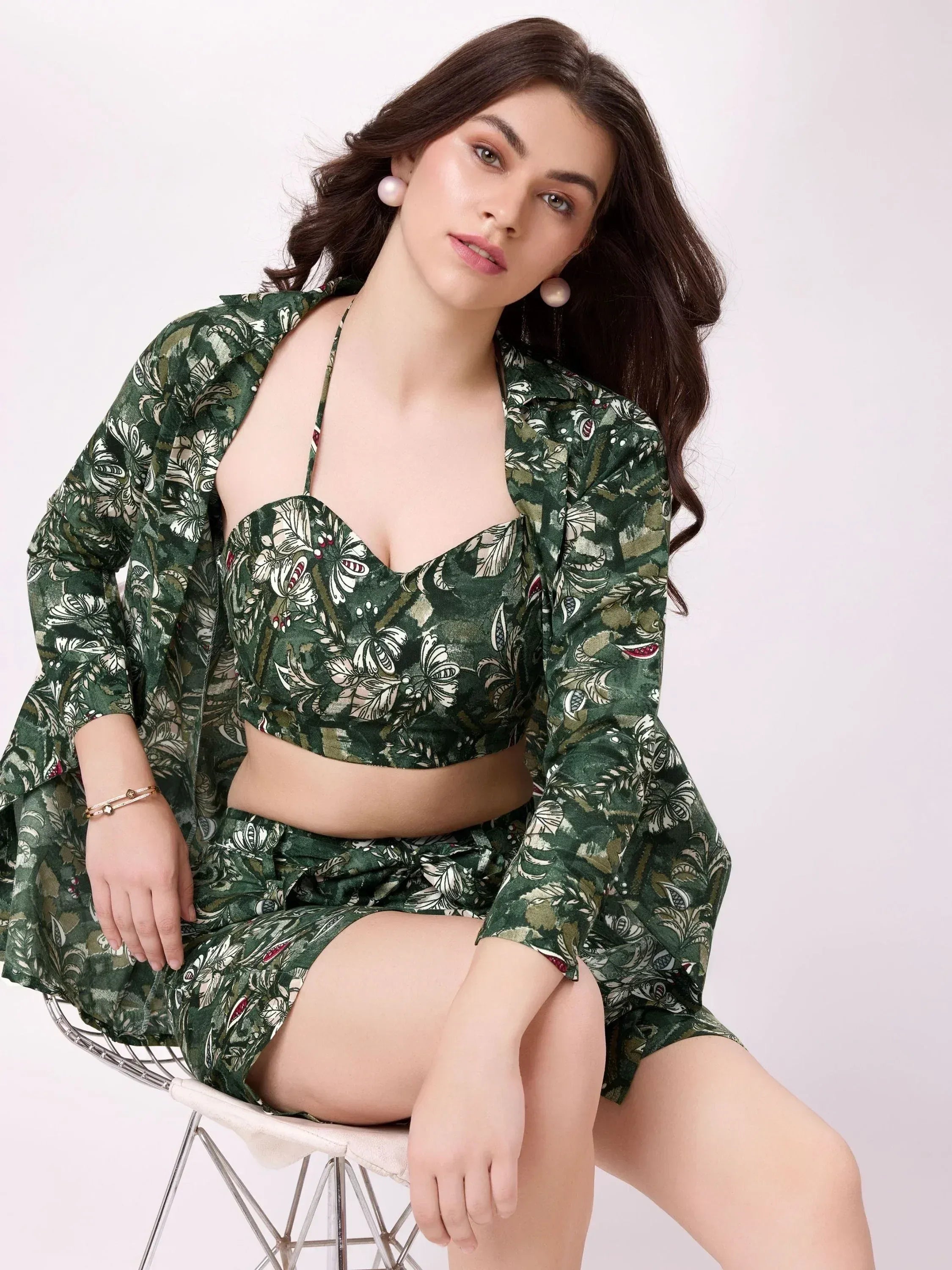 Green floral print ethnic crop top with matching jacket and skirt set for women
