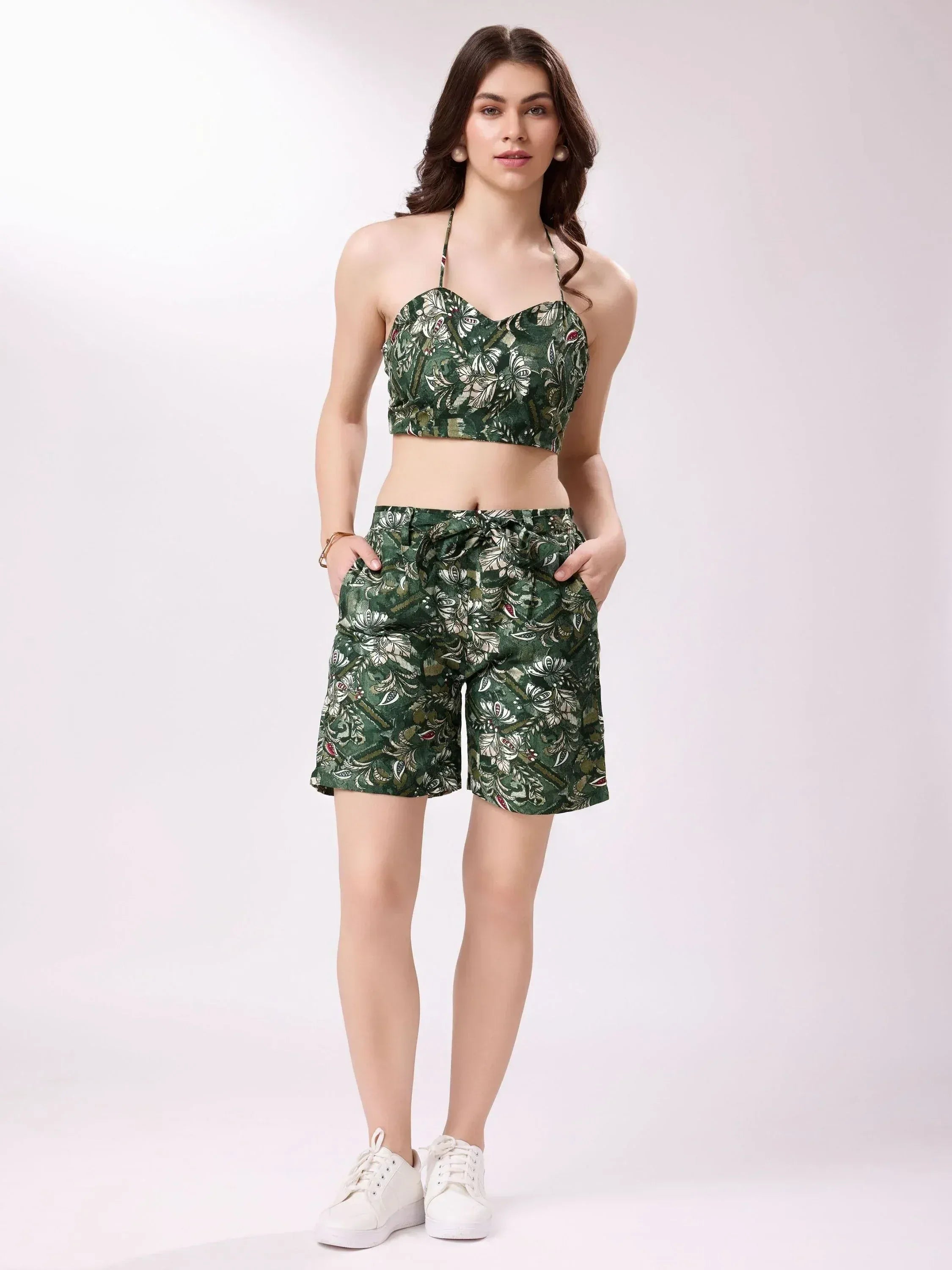 Green floral print halter top and shorts set with white sneakers, ethnic wear fashion