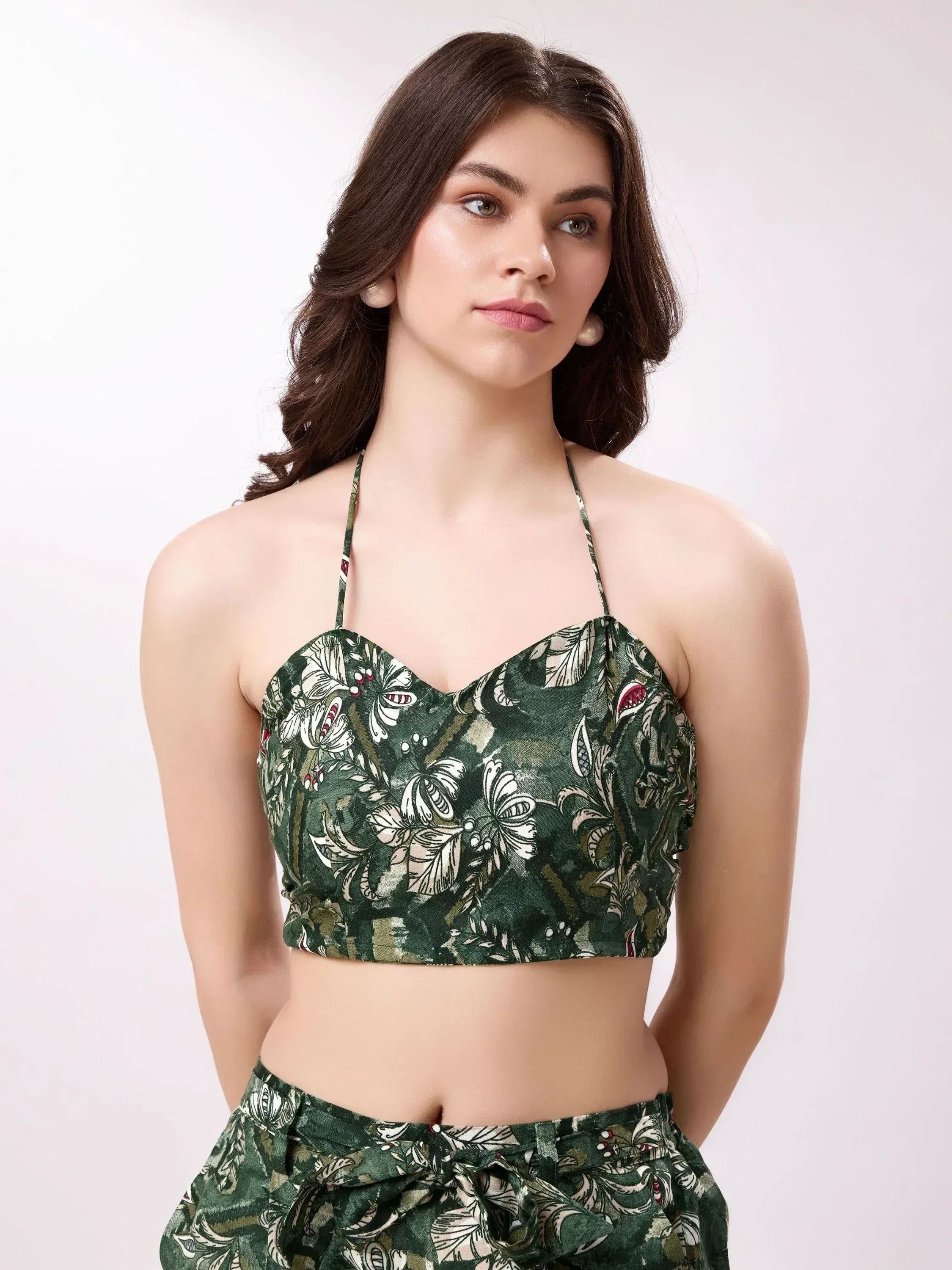 Green floral print halter neck crop top and matching palazzo pants for ethnic wear
