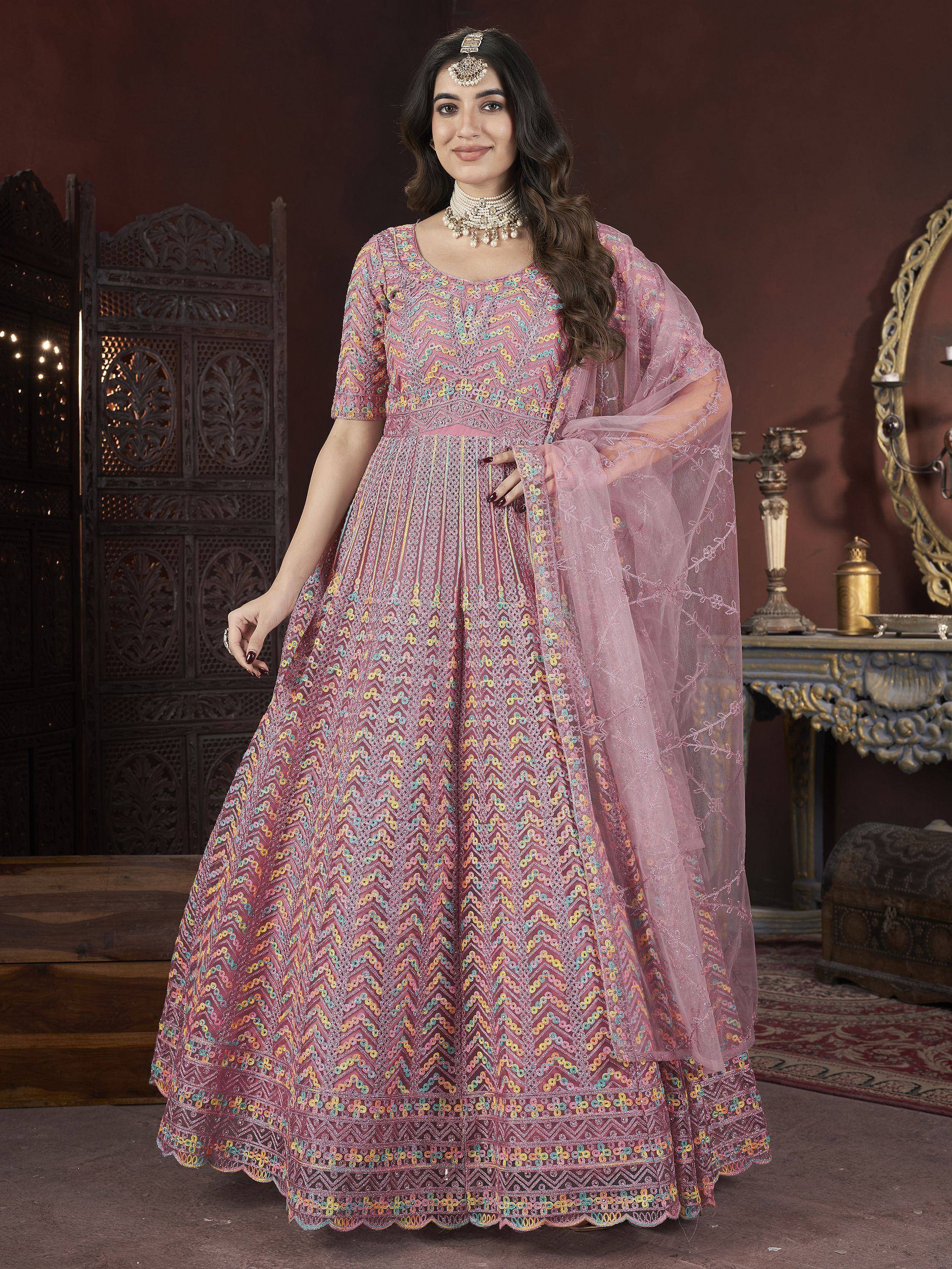 Elegant pink embroidered anarkali with colorful patterns and matching dupatta for Indian ethnic wear