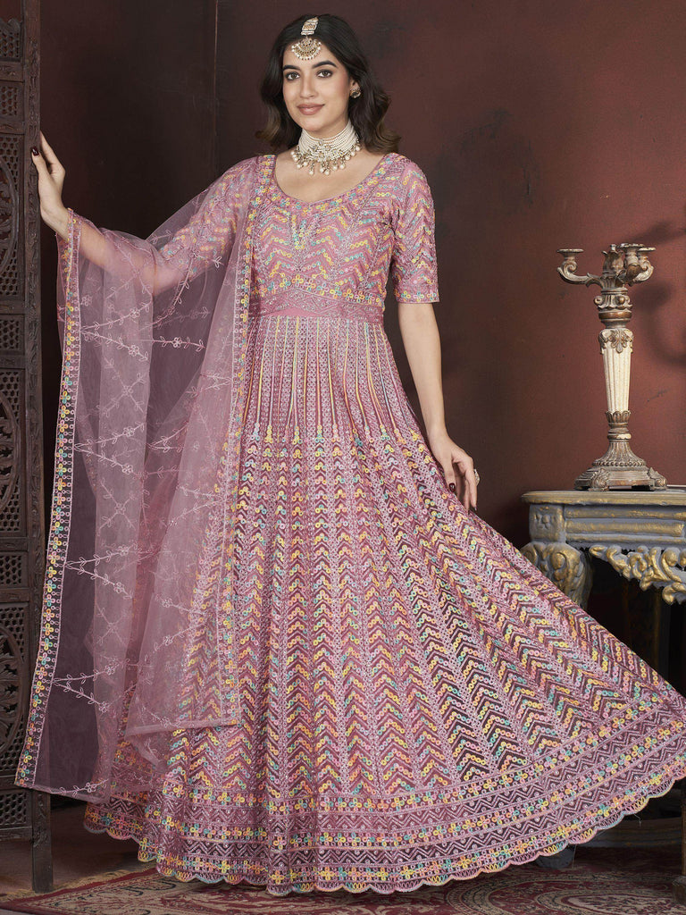 Glamorous Peach Embroidered Net Bridesmaid Gown With Dupatta