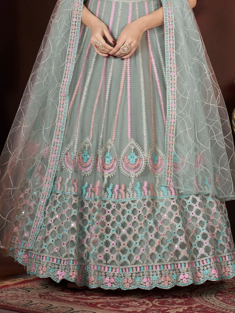 Alluring Pista Green Embroidered Net Engagement Wear Gown With Dupatta