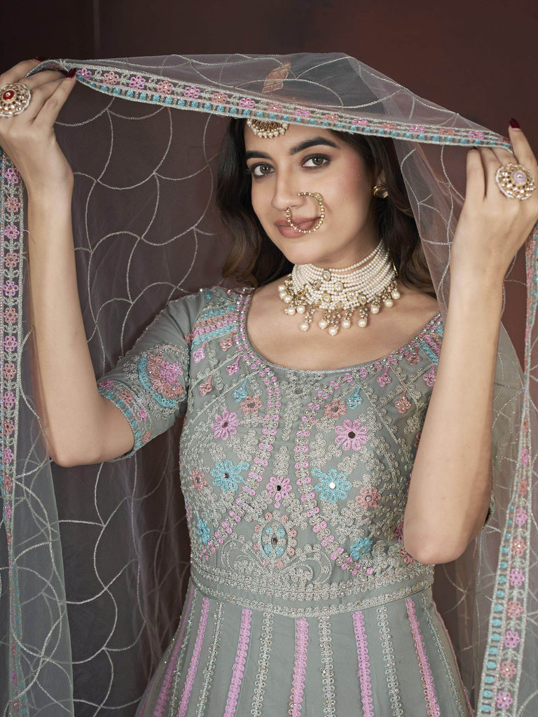 Alluring Pista Green Embroidered Net Engagement Wear Gown With Dupatta