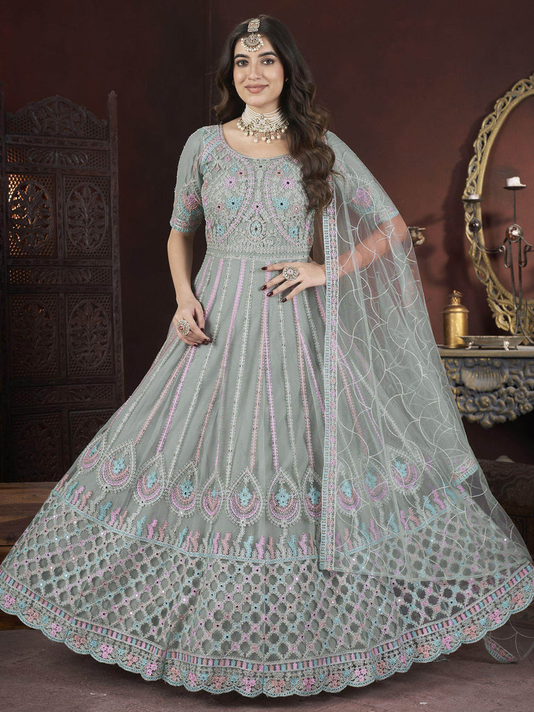 Alluring Pista Green Embroidered Net Engagement Wear Gown With Dupatta