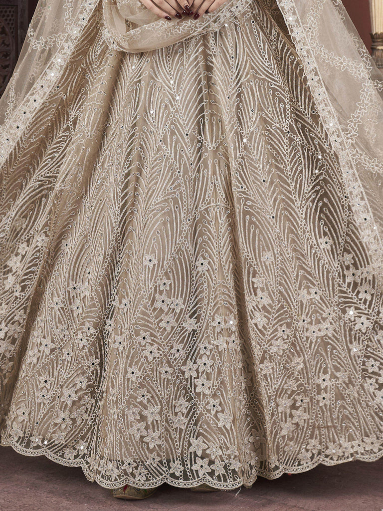 Bewitching Light Brown Embroidered Net Designer Gown With Dupatta