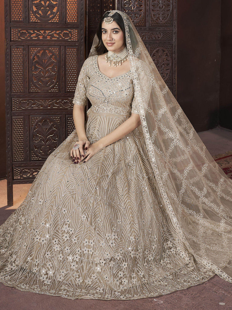Bewitching Light Brown Embroidered Net Designer Gown With Dupatta