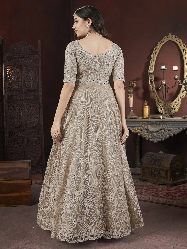 Bewitching Light Brown Embroidered Net Designer Gown With Dupatta
