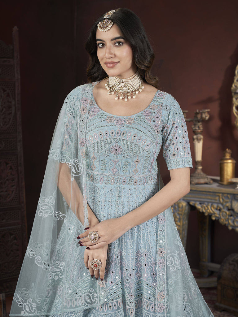 Light blue embroidered anarkali suit with dupatta, perfect for Indian ethnic wear occasions