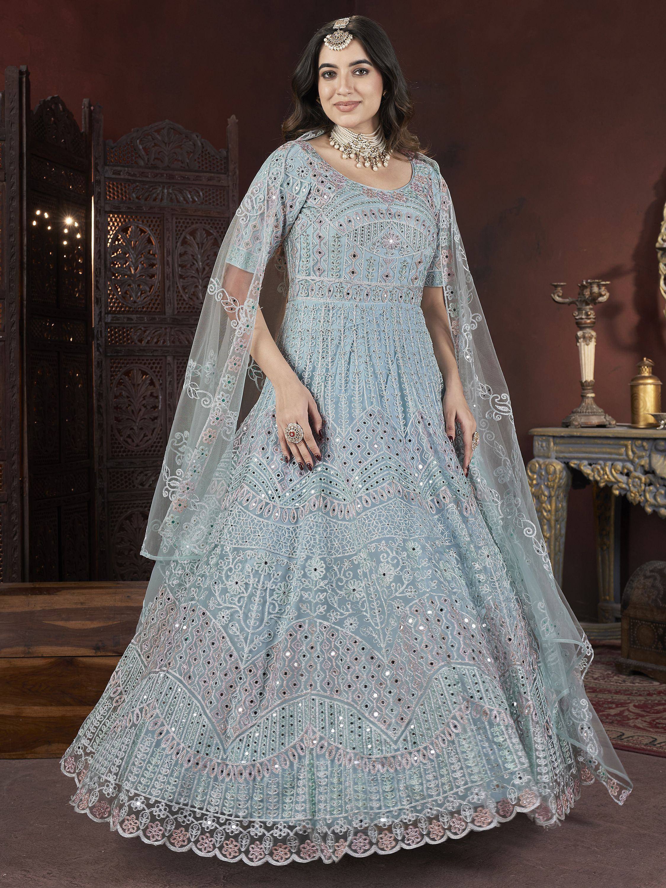 Light blue embroidered anarkali gown with dupatta, perfect for Indian ethnic wear and festive occasions.
