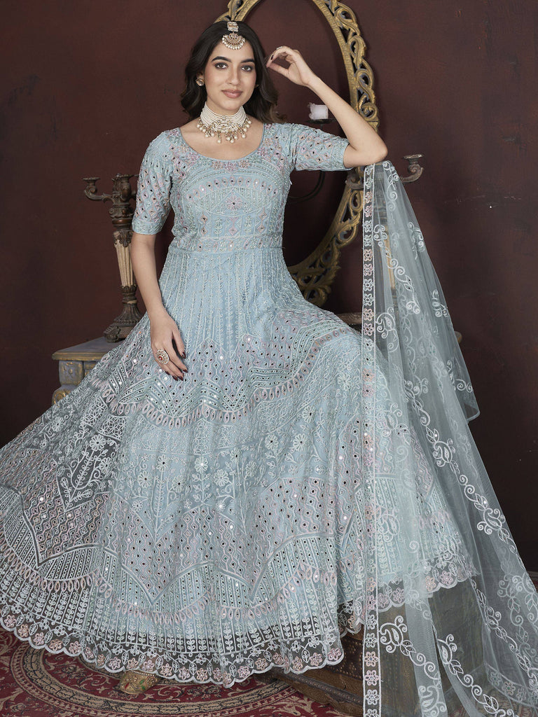 Light blue embroidered anarkali suit with dupatta, perfect for Indian ethnic wear occasions