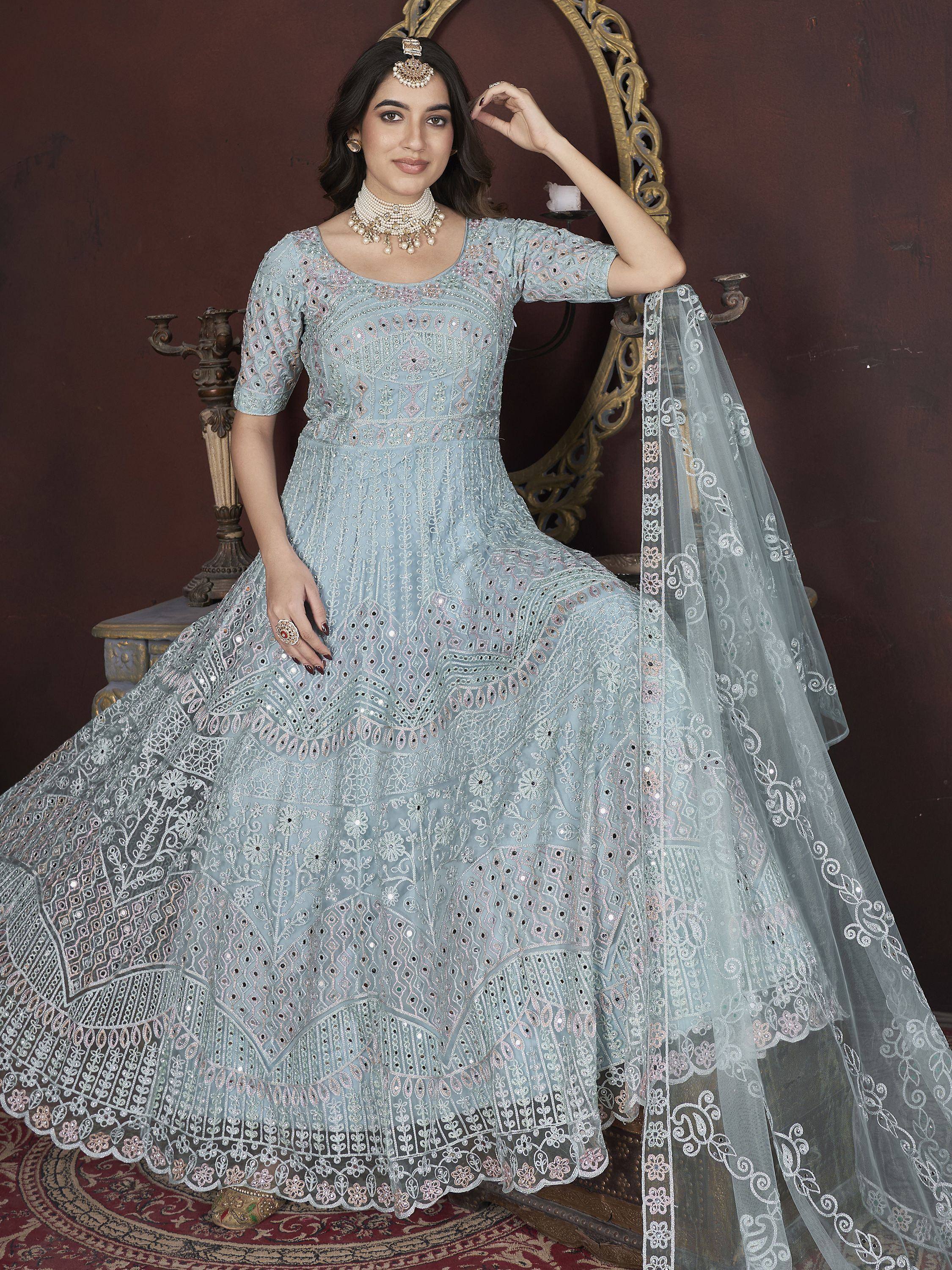 Light blue embroidered anarkali suit with dupatta, perfect for Indian ethnic wear occasions