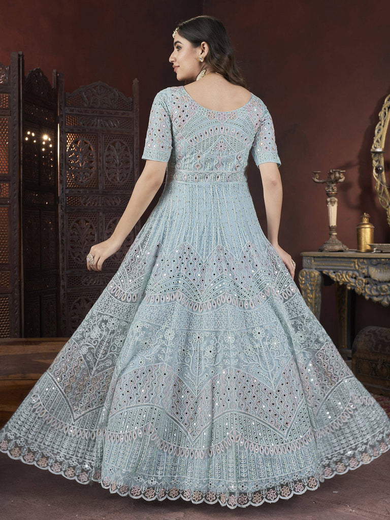 Light blue embroidered anarkali gown with intricate mirror work and floral patterns