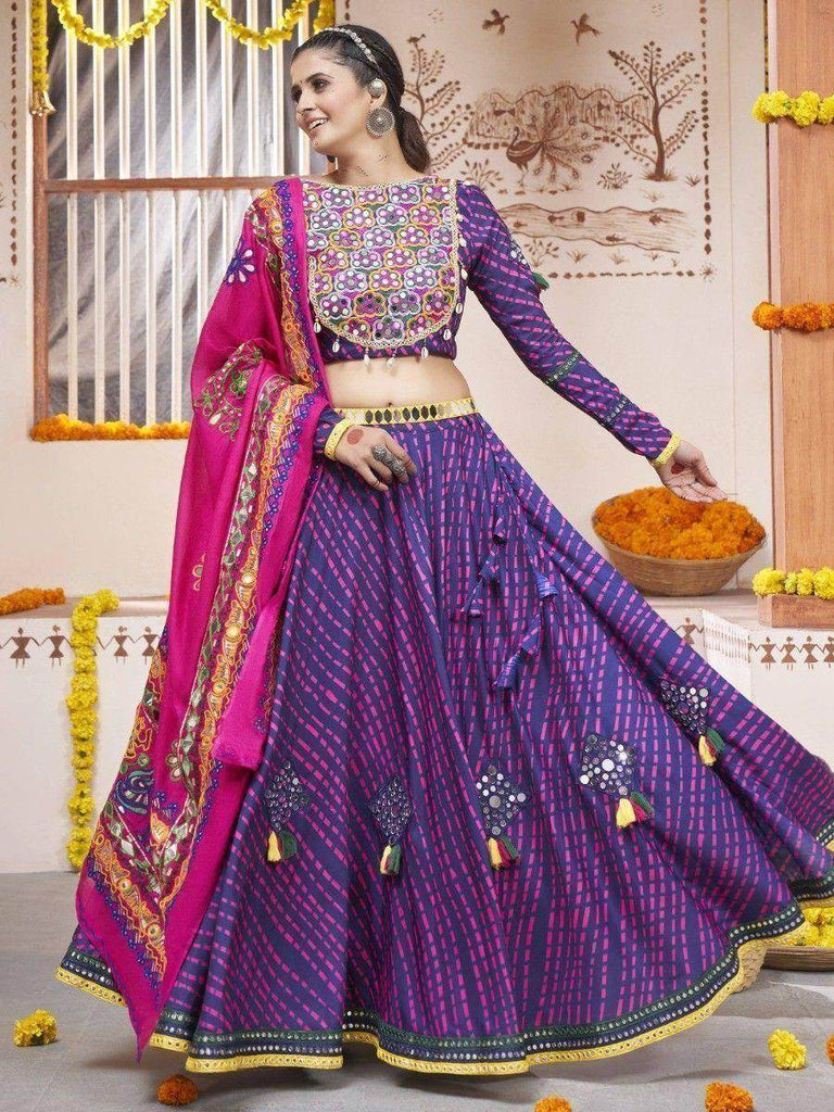 Outstanding Blue Mirror Work Rayon Navratri Wear Lehenga Choli