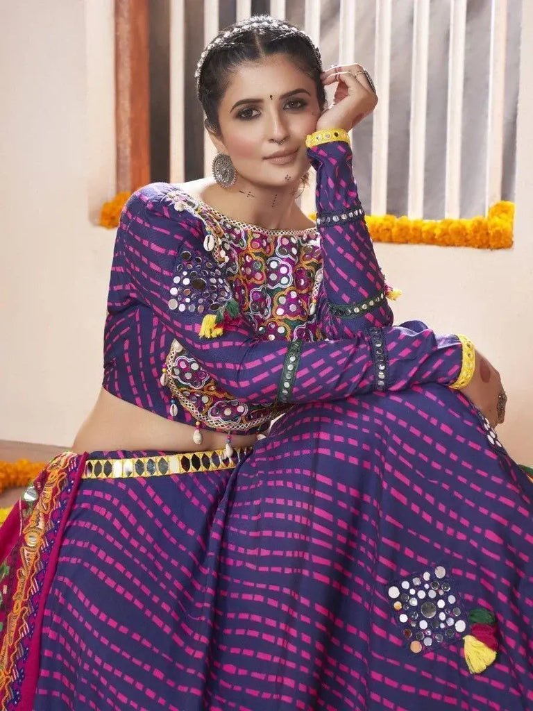 Outstanding Blue Mirror Work Rayon Navratri Wear Lehenga Choli