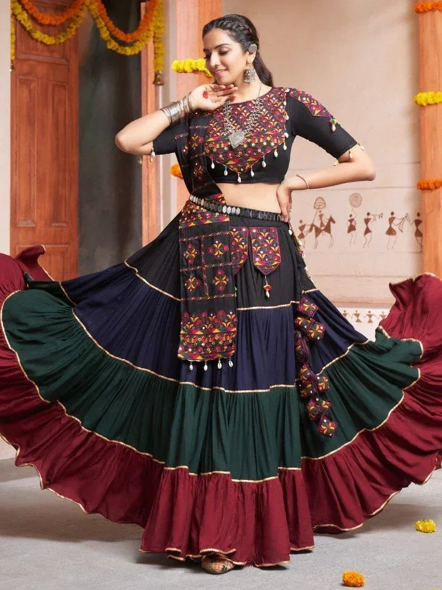 Black and maroon embroidered lehenga choli with mirror work, perfect for Indian ethnic wear occasions