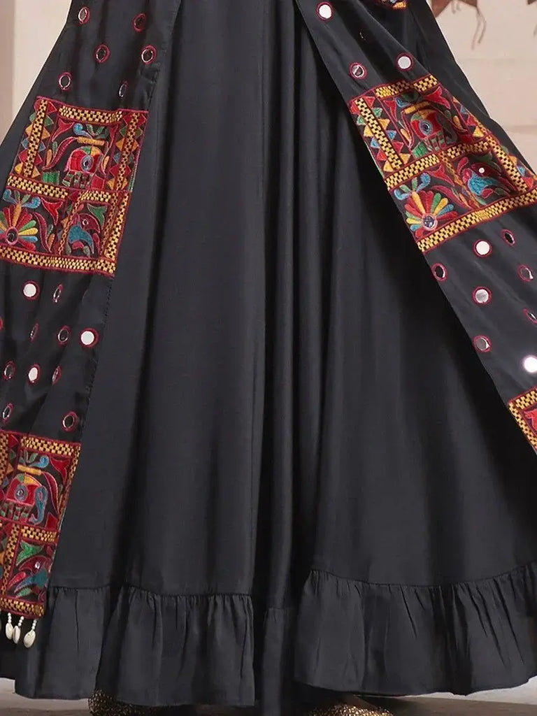 Attractive Black Mirror Work Rayon Navratri Lehenga Choli With Dupatta